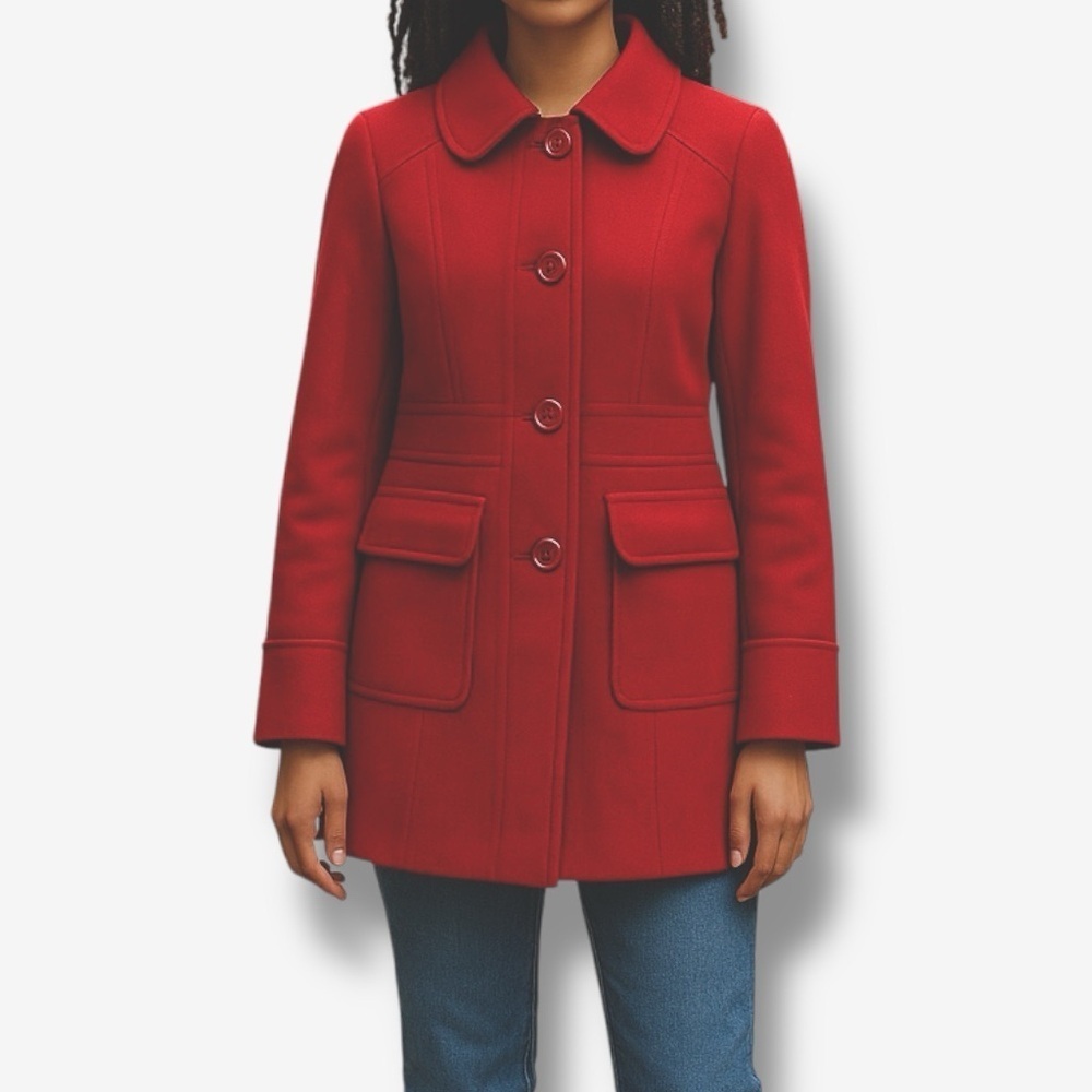 Tulle | Wool Blend‎ Cherry Red Mid Length Pea Coat Size XS Winter Cozy Holiday